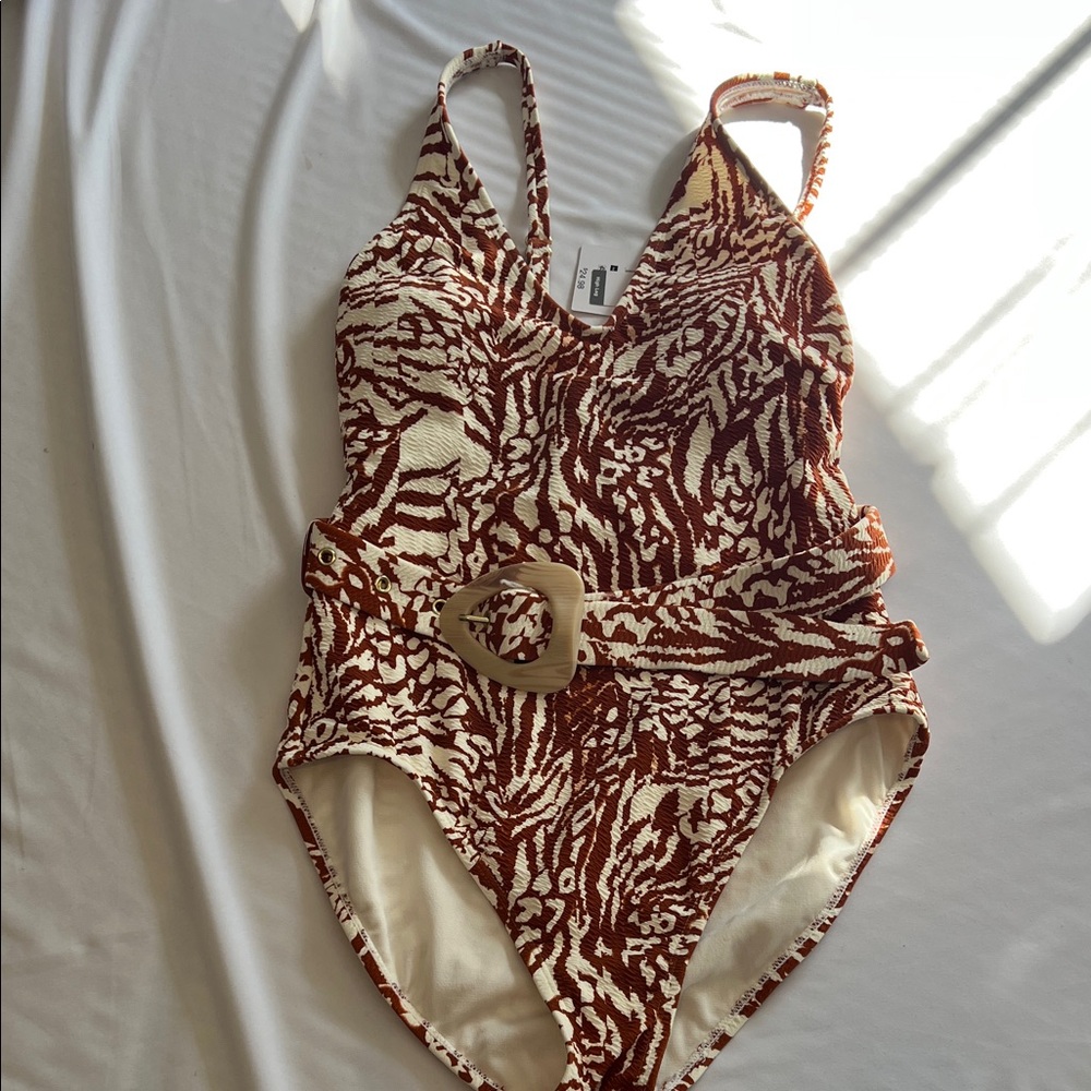 Time and Tru Brown and Cream Patterned One Piece Swimsuit